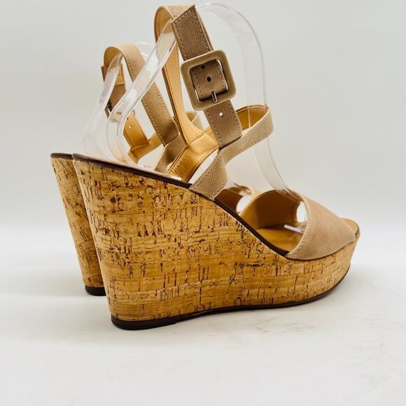 J Crew Shoes Womens 10 Beige Leather Cork Wedge Heels Platform Sandals - Picture 8 of 11